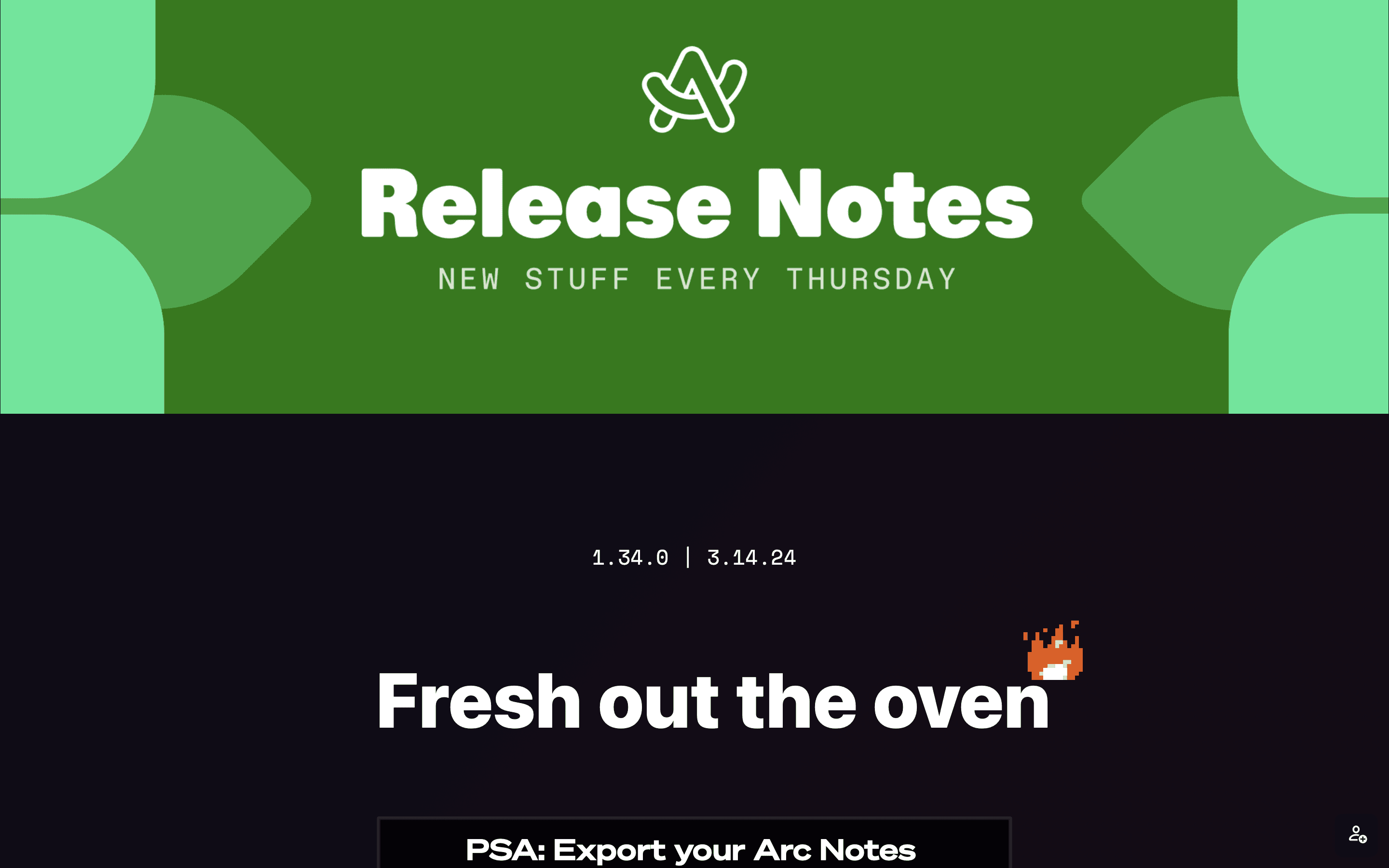 Arc Browser release notes front page
